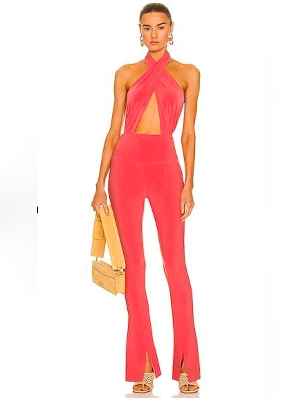 NORMA KAMALI CROSS HALTER BODYSUIT AND SPAT LEGGINGS IN PAPAYA LARGE